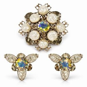 Vintage AB Rhinestone Faux Pearl Brooch & Clip Earrings Set Gold Tone MCM Floral